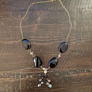 Vintage Black & AB Crystal Y-Drop Necklace Gold Tone Dainty Costume Witchy Retro